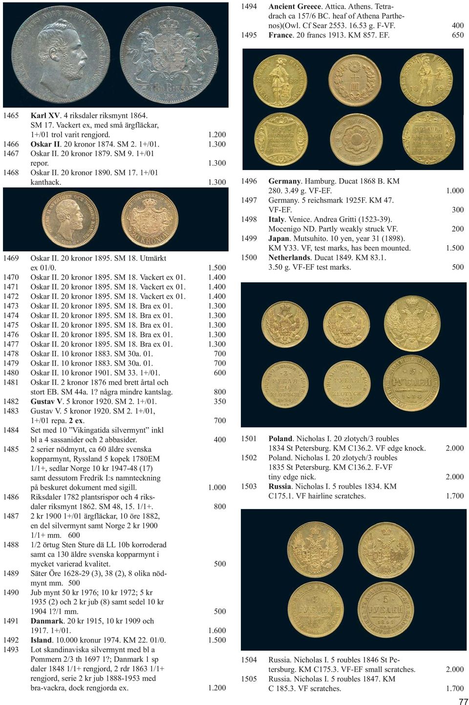 1.300 1468 Oskar II. 20 kronor 1890. SM 17. 1+/01 kanthack. 1.300 1469 Oskar II. 20 kronor 1895. SM 18. Utmärkt ex 01/0. 1.500 1470 Oskar II. 20 kronor 1895. SM 18. Vackert ex 01. 1.400 1471 Oskar II.