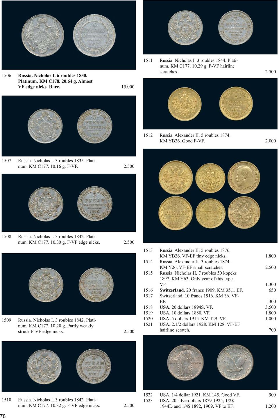 F-VF edge nicks. 2.500 1509 Russia. Nicholas I. 3 roubles 1842. Platinum. KM C177. 10.20 g. Partly weakly struck F-VF edge nicks. 2.500 1513 Russia. Alexander II. 5 roubles 1876. KM YB26.