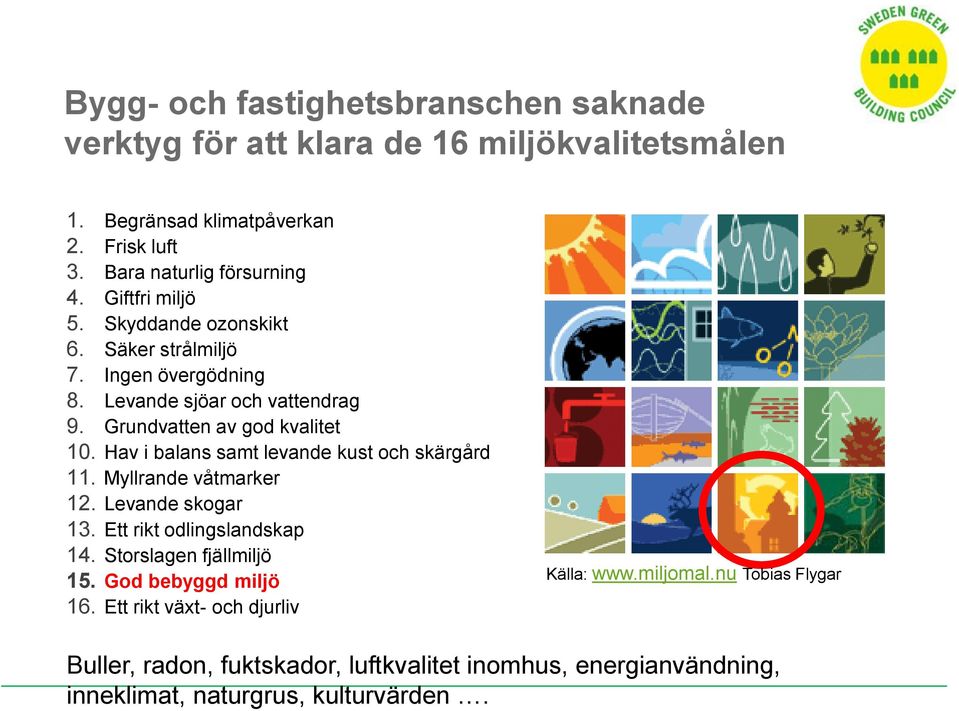 Hav i balans samt levande kust och skärgård 11. Myllrande våtmarker 12. Levande skogar 13. Ett rikt odlingslandskap 14. Storslagen fjällmiljö 15.