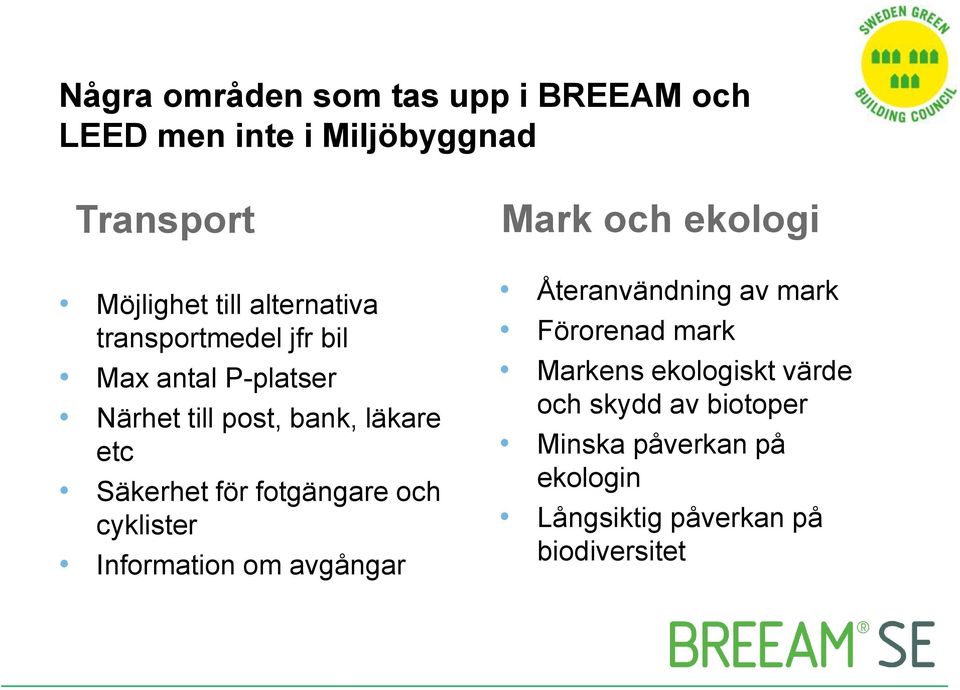 fotgängare och cyklister Information om avgångar Mark och ekologi Återanvändning av mark Förorenad