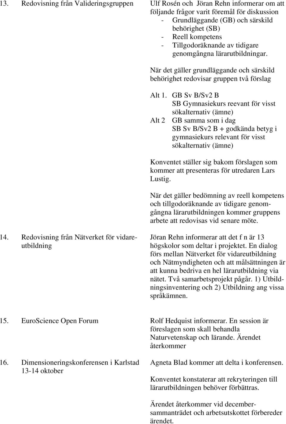 GB Sv B/Sv2 B SB Gymnasiekurs reevant för visst sökalternativ (ämne) Alt 2 GB samma som i dag SB Sv B/Sv2 B + godkända betyg i gymnasiekurs relevant för visst sökalternativ (ämne) Konventet ställer