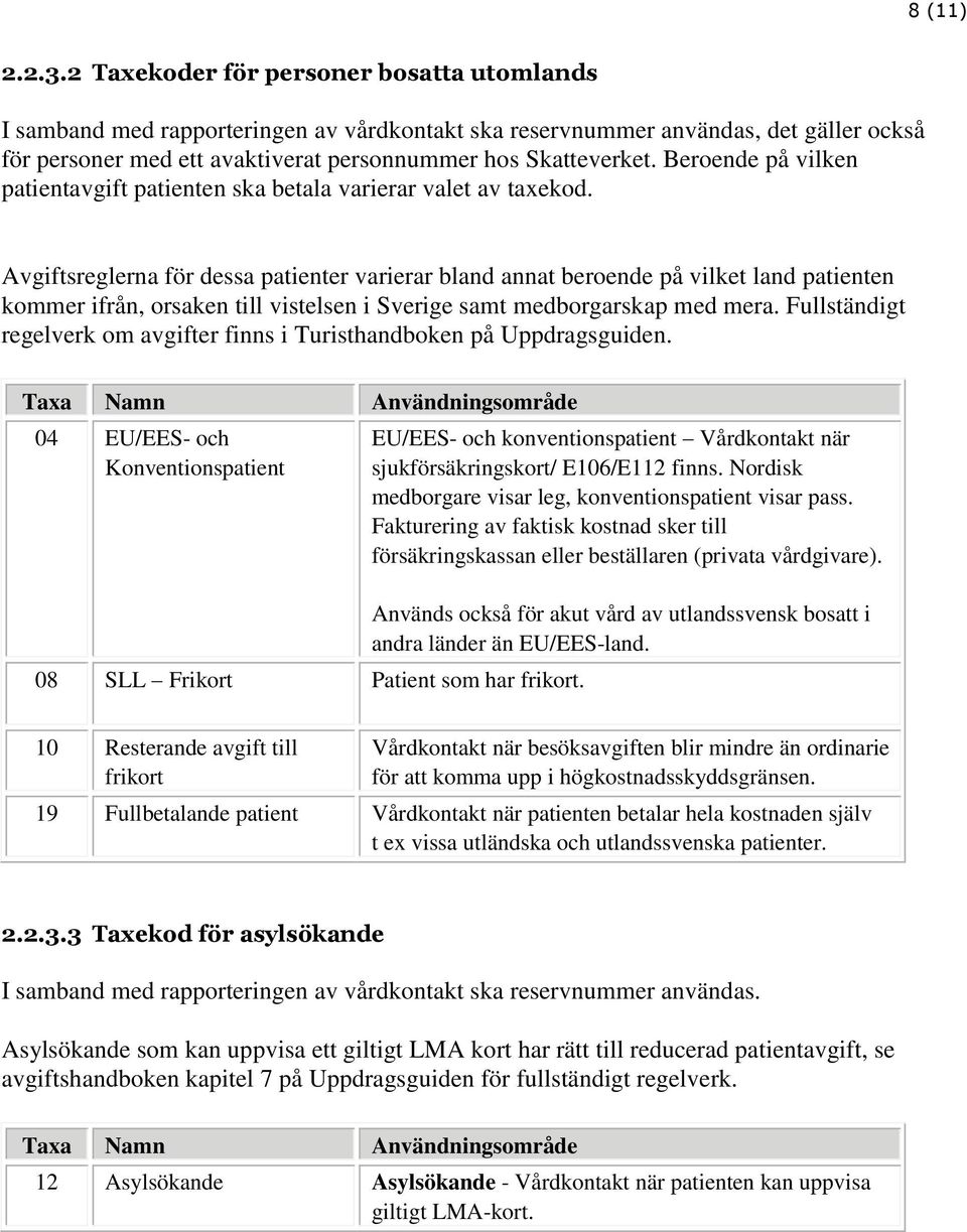 Beroende på vilken patientavgift patienten ska betala varierar valet av taxekod.