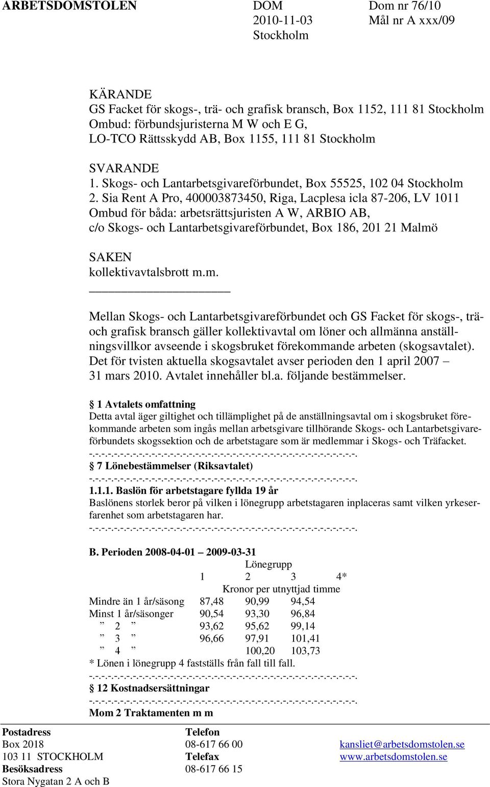 Sia Rent A Pro, 400003873450, Riga, Lacplesa icla 87-206, LV 1011 Ombud för båda: arbetsrättsjuristen A W, ARBIO AB, c/o Skogs- och Lantarbetsgivareförbundet, Box 186, 201 21 Malmö SAKEN