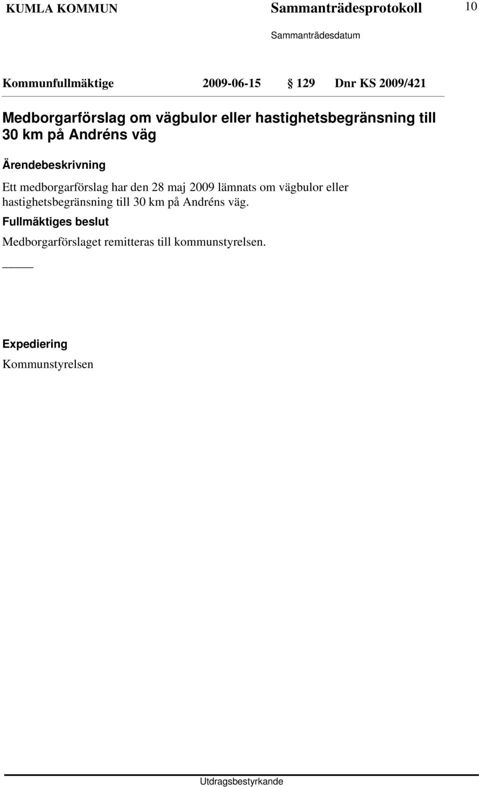 medborgarförslag har den 28 maj 2009 lämnats om vägbulor eller hastighetsbegränsning