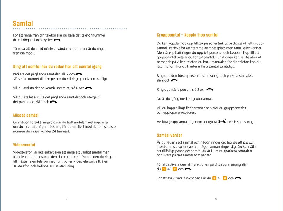 Vill du avsluta det parkerade samtalet, slå 0 och Vill du istället avsluta det pågående samtalet och återgå till det parkerade, slå 1 och Missat samtal Om någon försökt ringa dig när du haft mobilen