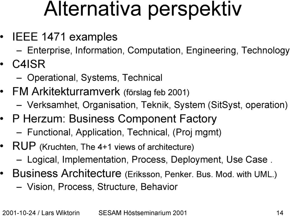 Application, Technical, (Proj mgmt) RUP (Kruchten, The 4+1 views of architecture) Logical, Implementation, Process, Deployment, Use Case.