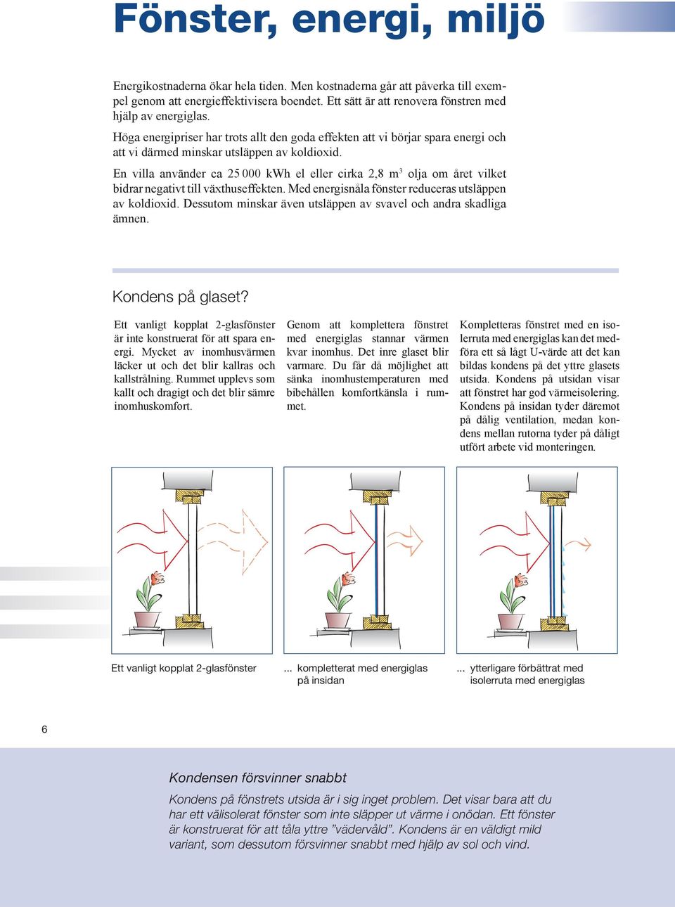 En villa använder ca 25 000 kwh el eller cirka 2,8 m 3 olja om året vilket bidrar negativt till växthuseffekten. Med energisnåla fönster reduceras utsläppen av koldioxid.