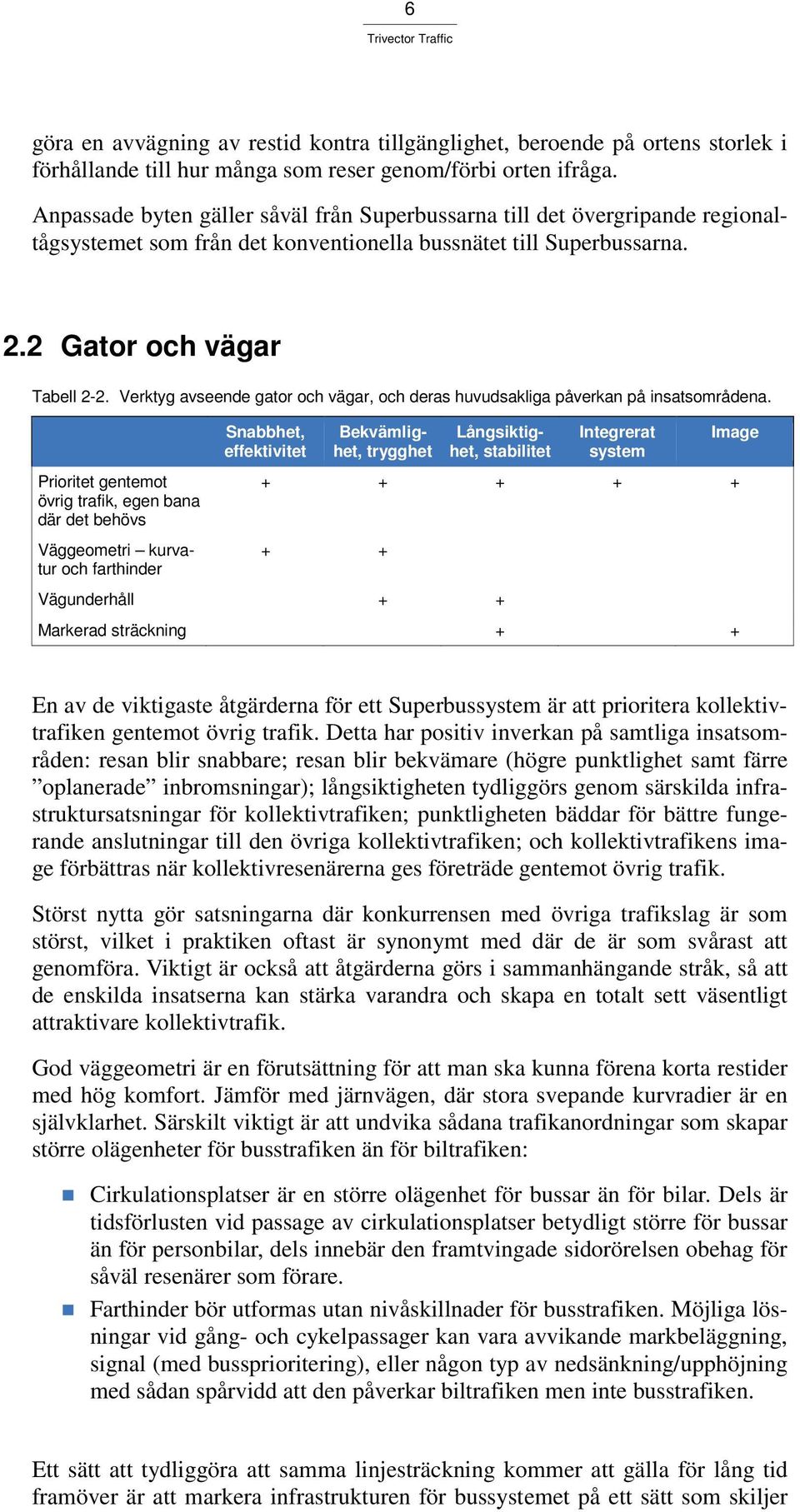 Verktyg avseende gator och vägar, och deras huvudsakliga påverkan på insatsområdena.