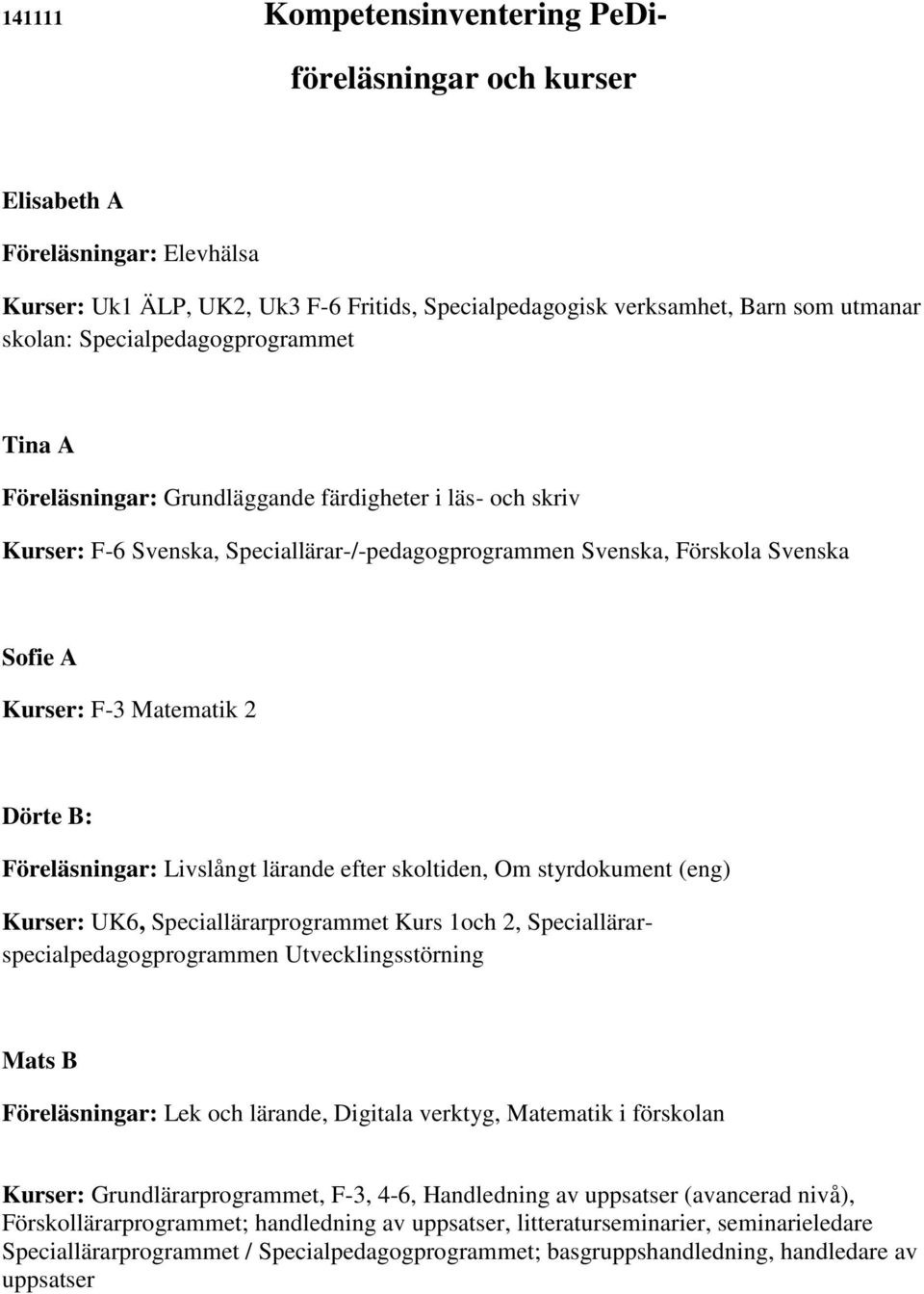 2 Dörte B: Föreläsningar: Livslångt lärande efter skoltiden, Om styrdokument (eng) Kurser: UK6, Speciallärarprogrammet Kurs 1och 2, Speciallärarspecialpedagogprogrammen Utvecklingsstörning Mats B