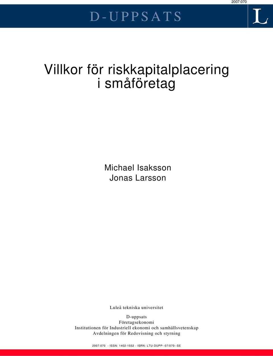Institutionen för Industriell ekonomi och samhällsvetenskap Avdelningen för