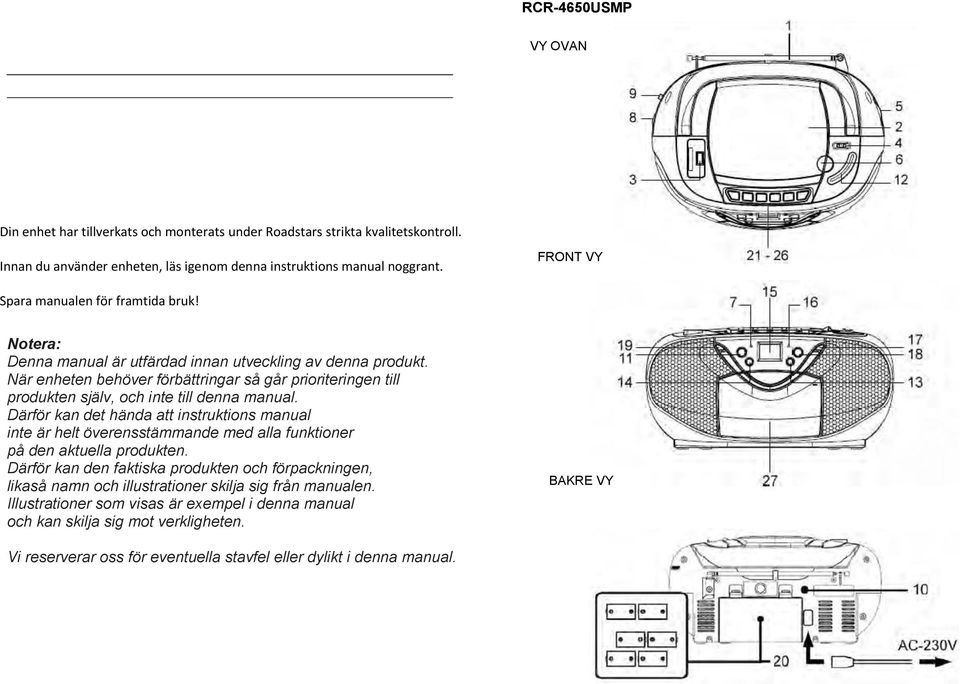 När enheten behöver förbättringar så går prioriteringen till produkten själv, och inte till denna manual.