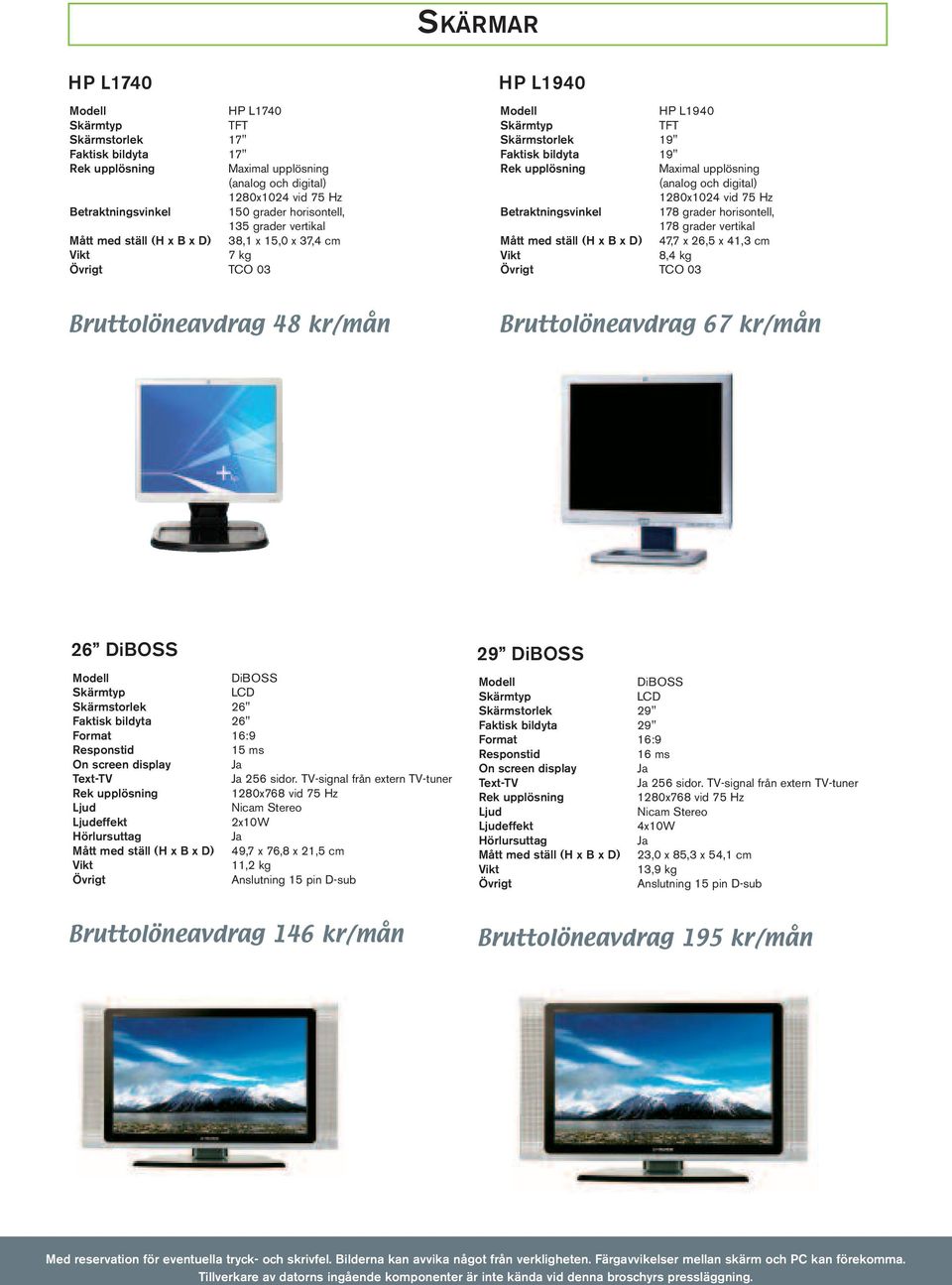 1280x1024 vid 75 Hz Betraktningsvinkel 178 grader horisontell, 178 grader vertikal Mått med ställ (H x B x D) 47,7 x 26,5 x 41,3 cm 8,4 kg TCO 03 Bruttolöneavdrag 48 kr/mån Bruttolöneavdrag 67 kr/mån