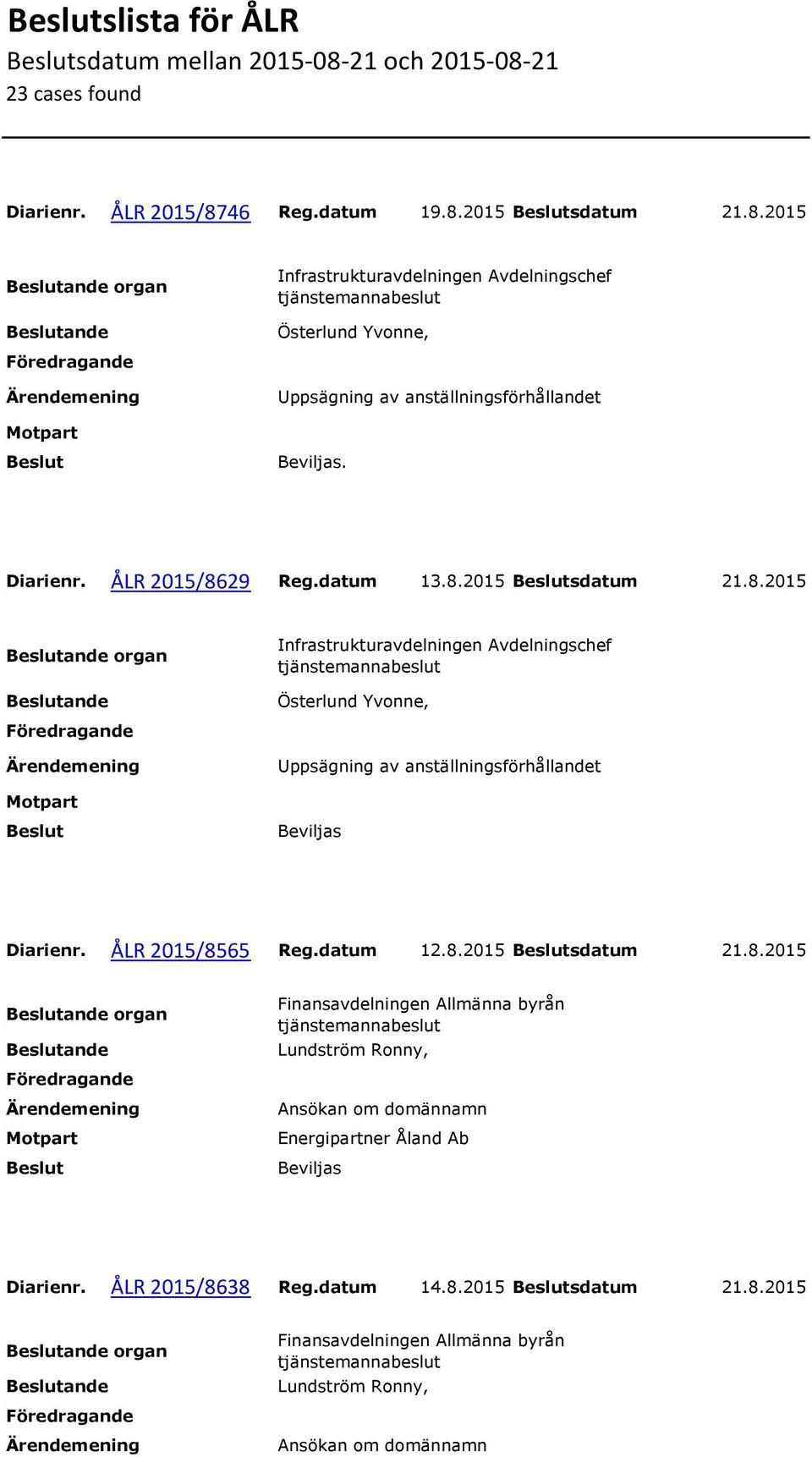 ÅLR 2015/8565 Reg.datum 12.8.2015 sdatum 21.8.2015 organ Energipartner Åland Ab Diarienr. ÅLR 2015/8638 Reg.