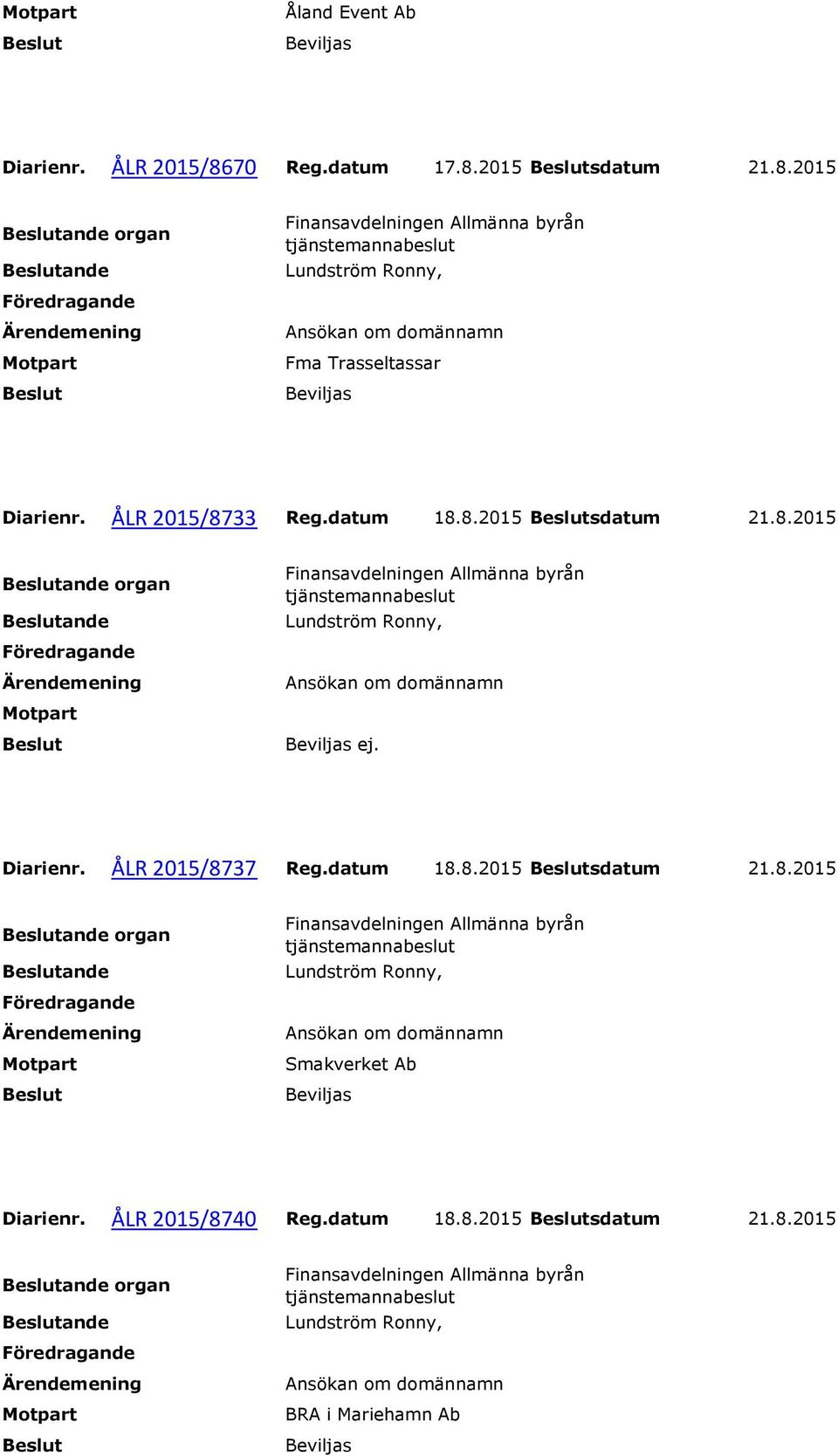 ÅLR 2015/8737 Reg.datum 18.8.2015 sdatum 21.8.2015 organ Smakverket Ab Diarienr.