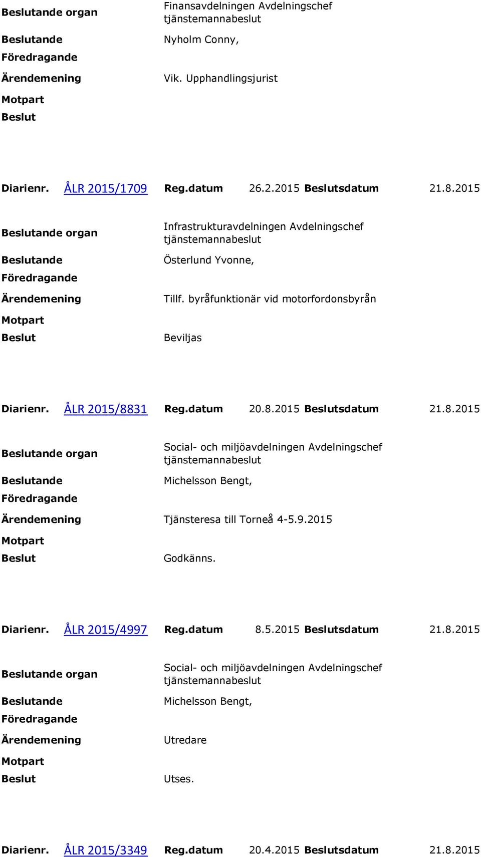 31 Reg.datum 20.8.2015 sdatum 21.8.2015 organ Social- och miljöavdelningen Avdelningschef Michelsson Bengt, Tjänsteresa till Torneå 4-5.9.