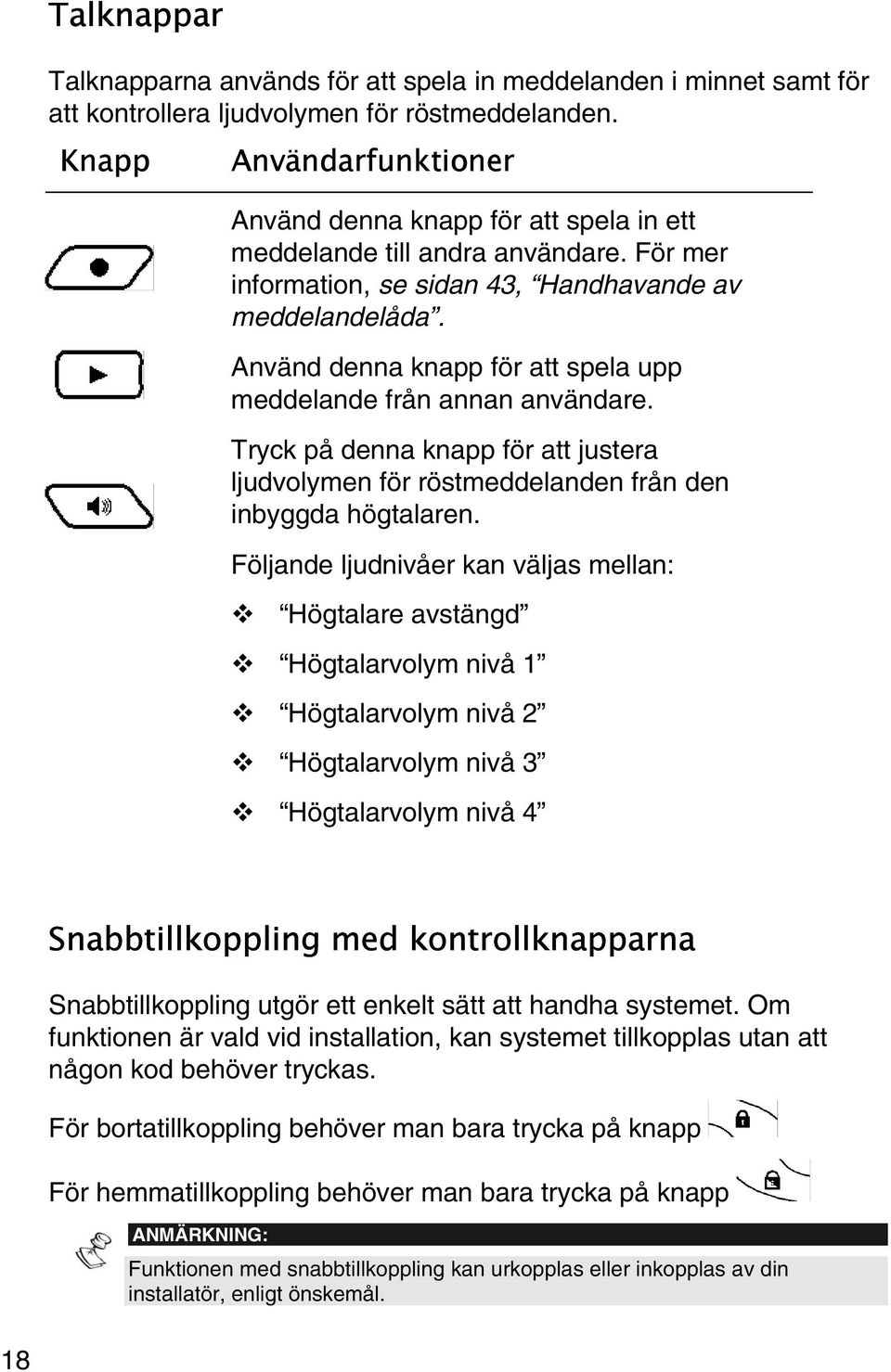 Använd denna knapp för att spela upp meddelande från annan användare. Tryck på denna knapp för att justera ljudvolymen för röstmeddelanden från den inbyggda högtalaren.