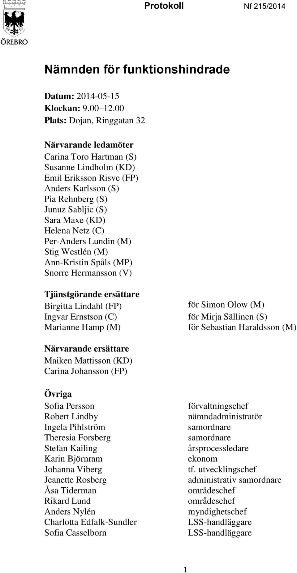 Netz (C) Per-Anders Lundin (M) Stig Westlén (M) Ann-Kristin Spåls (MP) Snorre Hermansson (V) Tjänstgörande ersättare Birgitta Lindahl (FP) Ingvar Ernstson (C) Marianne Hamp (M) för Simon Olow (M) för