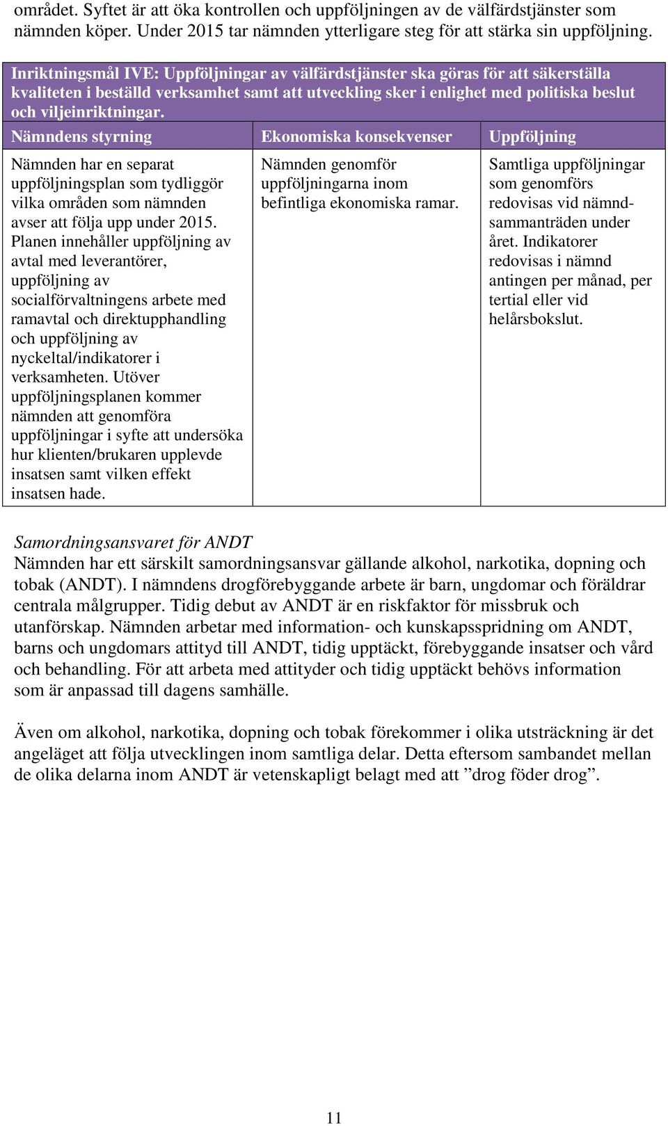 Nämnden har en separat uppföljningsplan som tydliggör vilka områden som nämnden avser att följa upp under 2015.