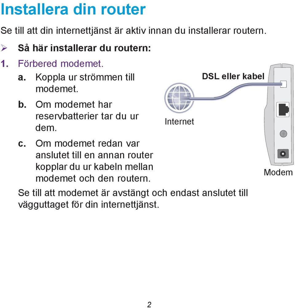 Om modemet har reservbatterier tar du ur dem. Internet c.