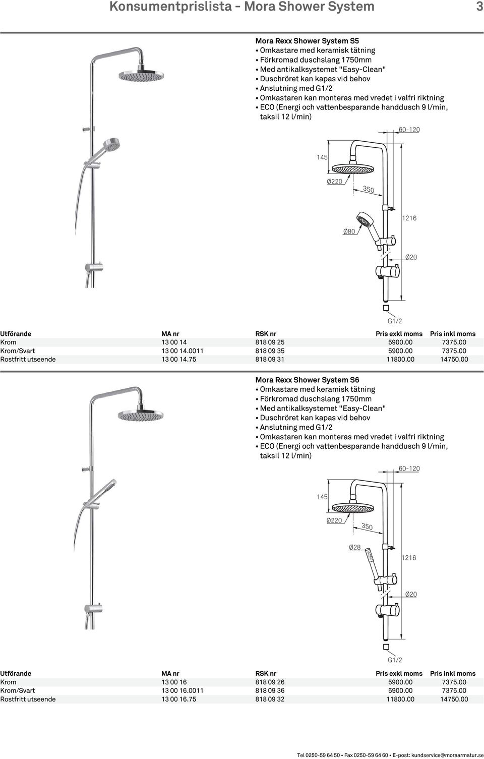 75 818 09 31 11800.00 14750.00 Mora Rexx Shower System S6 Krom 13 00 16 818 09 26 5900.00 7375.