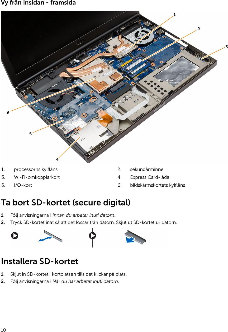 Följ anvisningarna i Innan du arbetar inuti datorn. 2. Tryck SD-kortet inåt så att det lossar från datorn.