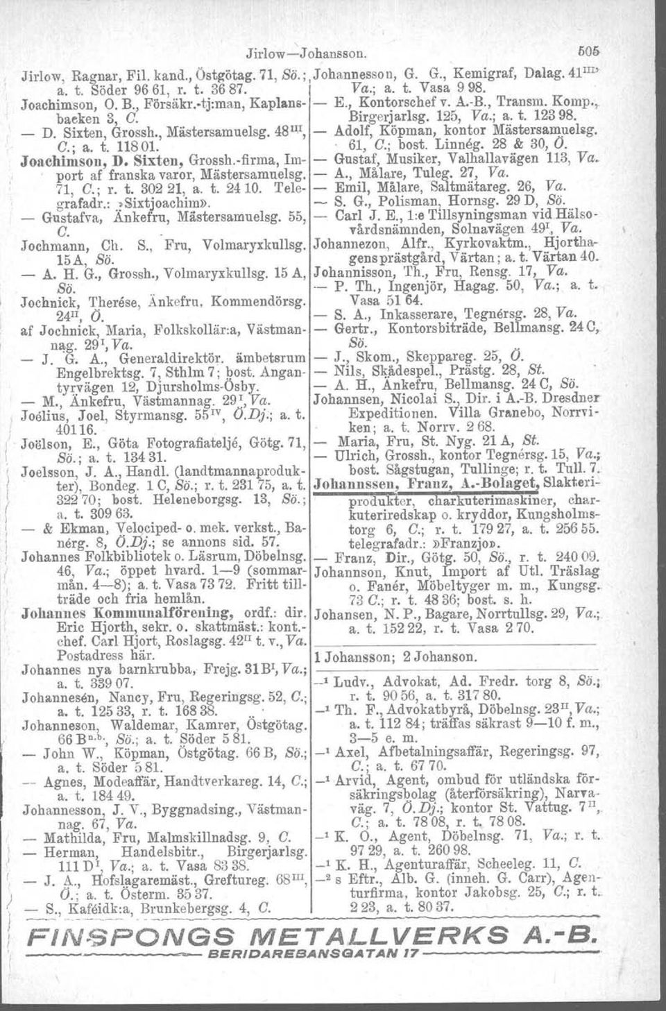 . 61, C.; bost, Linneg. 28 & 30, O. Joachimson, D. Sixten, Grossh.-firma, Im- - Gustaf, Musiker, Valhallavägen 113, Va. port af franska varor, Mästersamuelsg. - A., Målare, Tuleg. 27, Va. 71, C.; r.