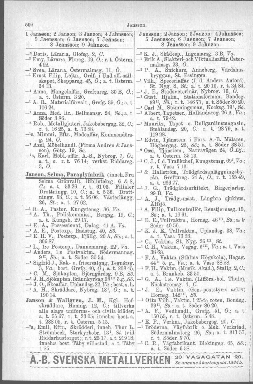 malmag. 23, O. _1 Svea, Lärar.a, Östermalmag. 11, O. _2 P. A., Snickare, Anneberg, Värdshus _1 Ernst Filip, Löjtn., Ordf. i Ilnd.off.-säll- bryggan, St. Essingen. skapet, Skeppareg. 45, O.; a. t.