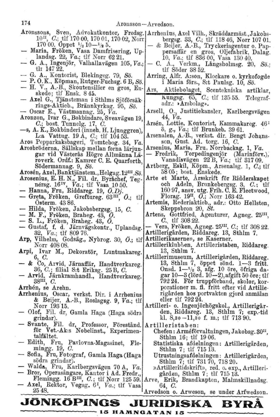 ; - C. A., Verkm., Långsholmsg. 20, Sti.; fuwn tlf~~~~ - G. A., Kontorist, Blekingeg. 79, Sä. Arring, Alfr. A:son, Klockare o. kyrkofogde - P. O. K., Köpman, Rutger-Fuchsg. 6 B, Sä. i Maria förs.