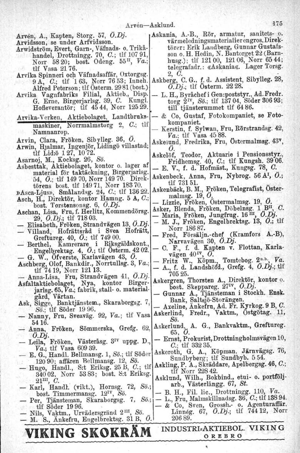 Bantorget 22 (Barn- Non 5820; bost. Odeng. 55II, Va.; husg.); tlf 12100,12106, Norr 6544; tlf Vasa 2176. telegrafadr. : «Askania«. Lager 'I'orsg, Arvika Spinneri och Väfnadsaffär, Oxtorgsg. 2, O.