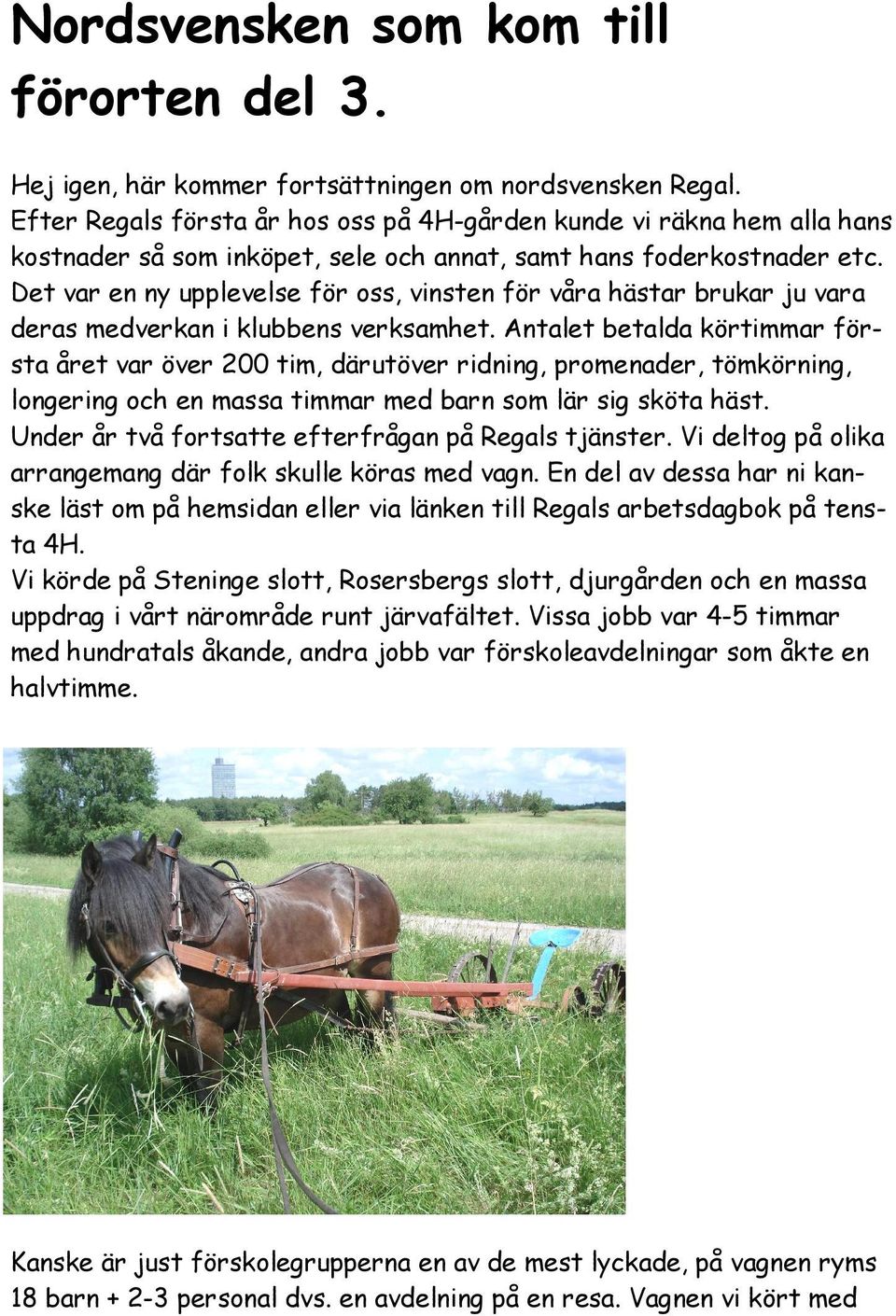 Det var en ny upplevelse för oss, vinsten för våra hästar brukar ju vara deras medverkan i klubbens verksamhet.