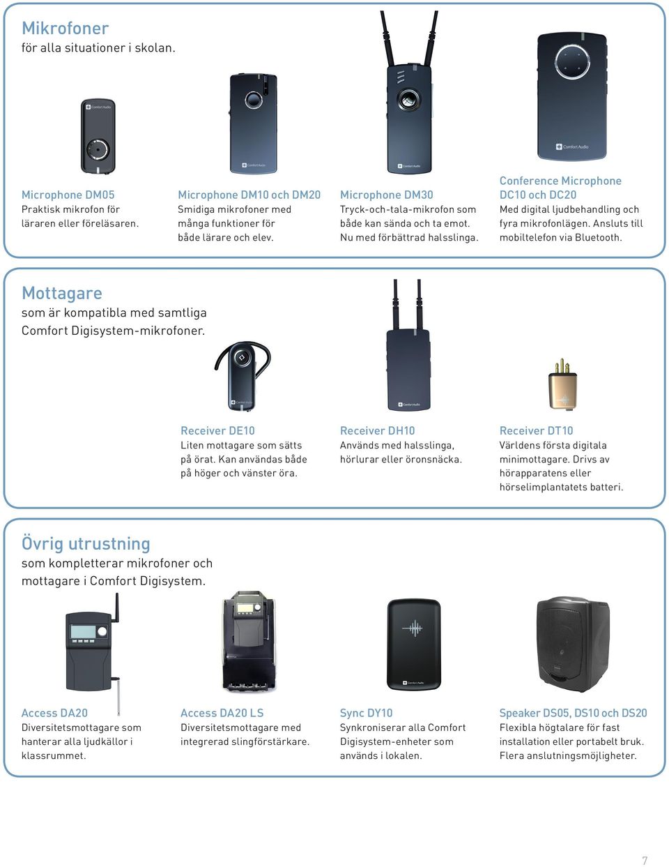 Ansluts till mobiltelefon via Bluetooth. Mottagare som är kompatibla med samtliga Comfort Digisystem-mikrofoner. Receiver DE10 Liten mottagare som sätts på örat.