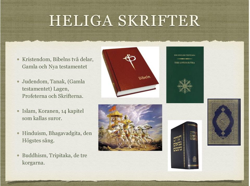 och Skrifterna. Islam, Koranen, 14 kapitel som kallas suror.