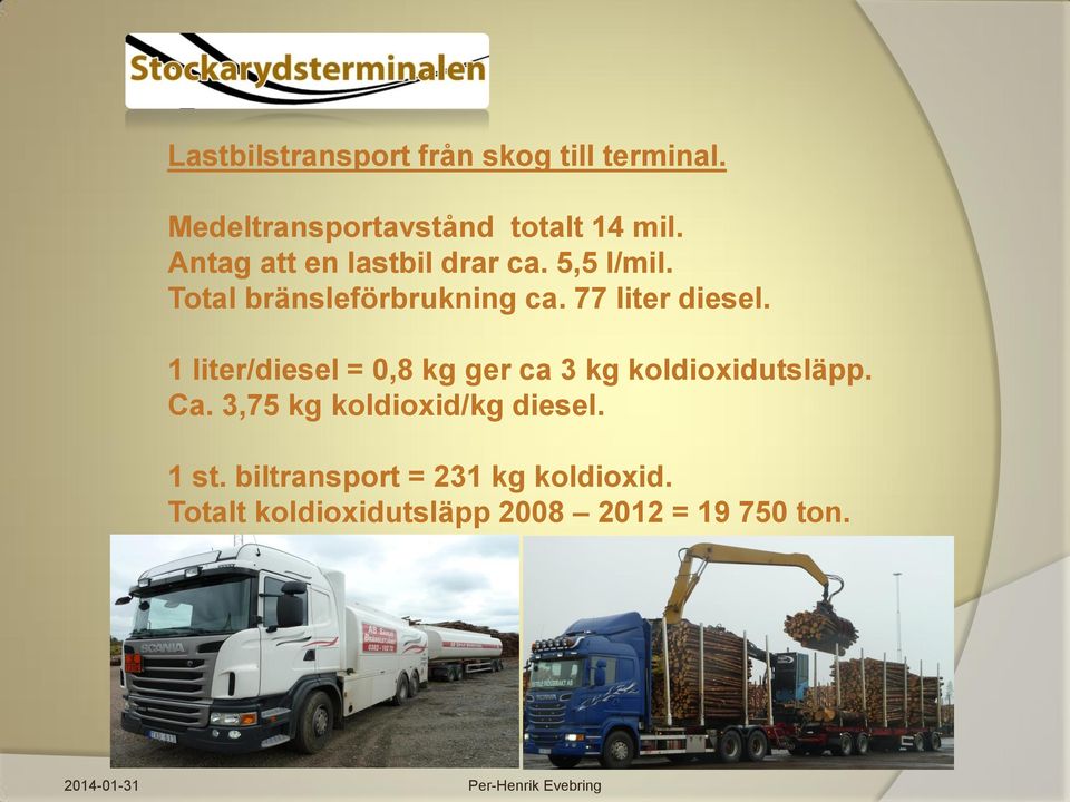 77 liter diesel. 1 liter/diesel = 0,8 kg ger ca 3 kg koldioxidutsläpp. Ca.