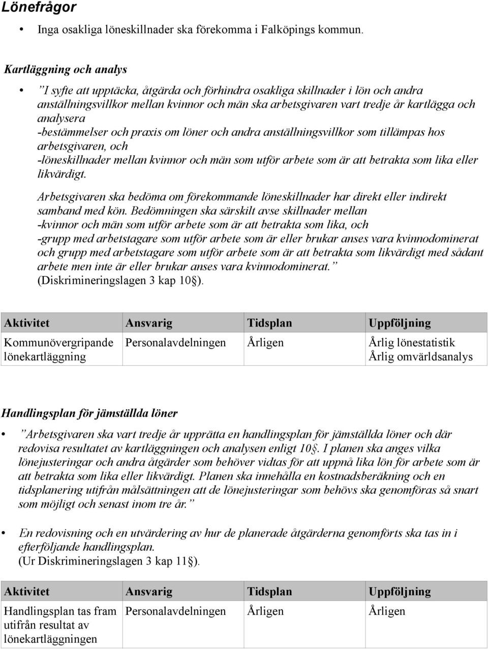 analysera -bestämmelser och praxis om löner och andra anställningsvillkor som tillämpas hos arbetsgivaren, och -löneskillnader mellan kvinnor och män som utför arbete som är att betrakta som lika