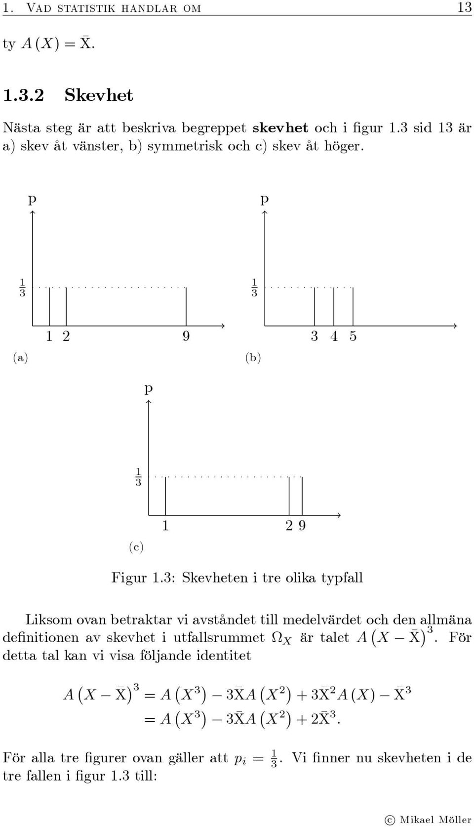 3: Skevheten i tre olika typfall Liksom ovan betraktar vi avståndet till medelvärdet och den allmäna de nitionen av skevhet i utfallsrummet X