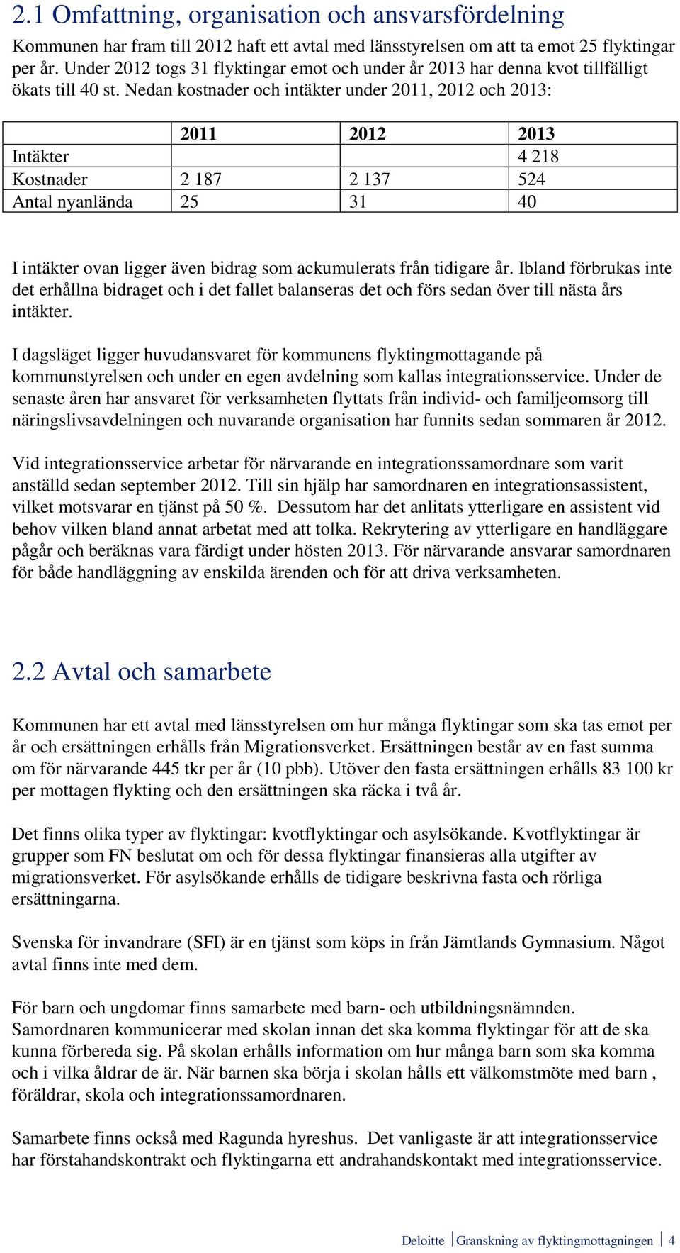 Nedan kostnader och intäkter under 2011, 2012 och 2013: 2011 2012 2013 Intäkter 4 218 Kostnader 2 187 2 137 524 Antal nyanlända 25 31 40 I intäkter ovan ligger även bidrag som ackumulerats från