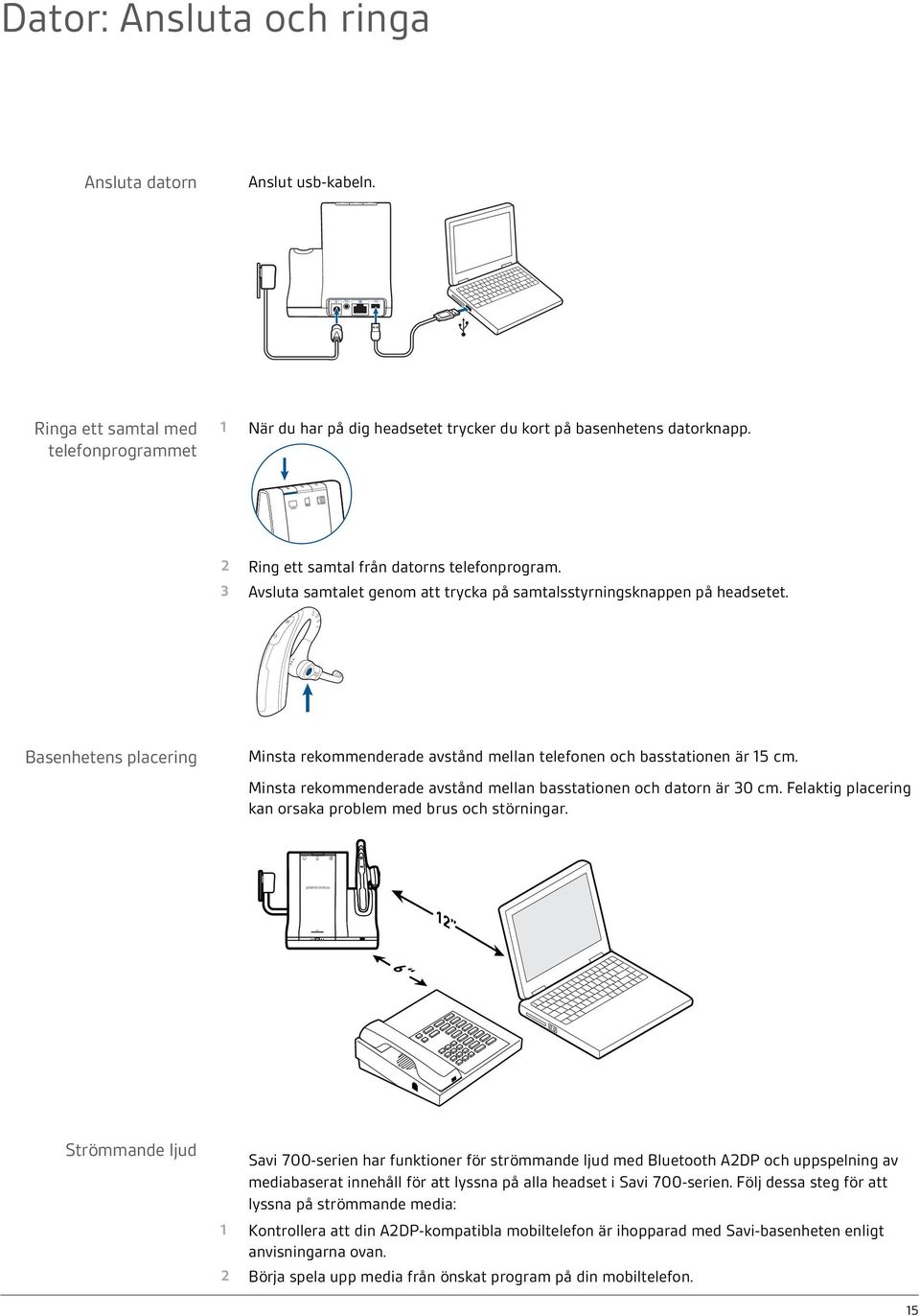 Basenhetens placering Minsta rekommenderade avstånd mellan telefonen och basstationen är 15 cm. Minsta rekommenderade avstånd mellan basstationen och datorn är 30 cm.