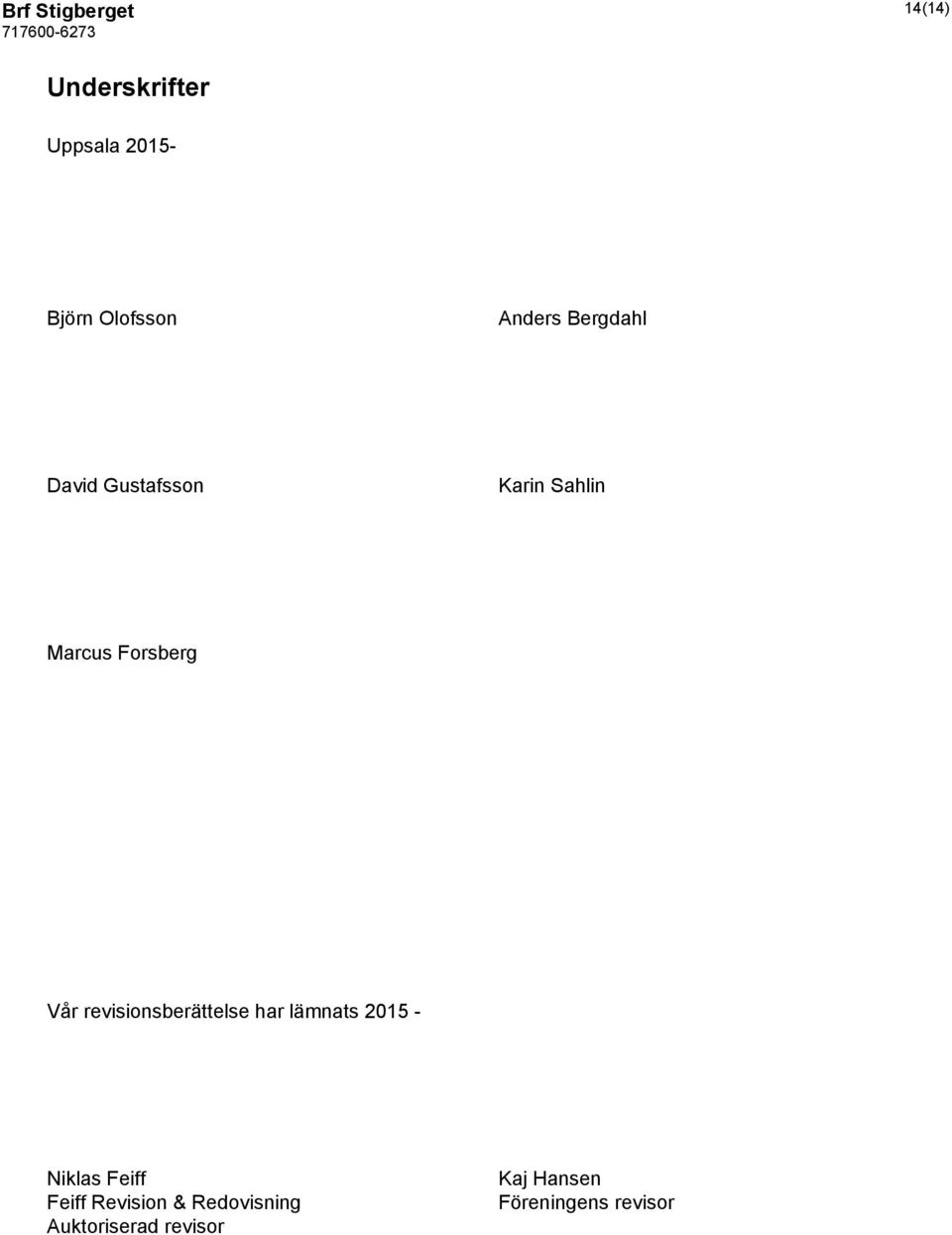 revisionsberättelse har lämnats 2015 - Niklas Feiff Feiff