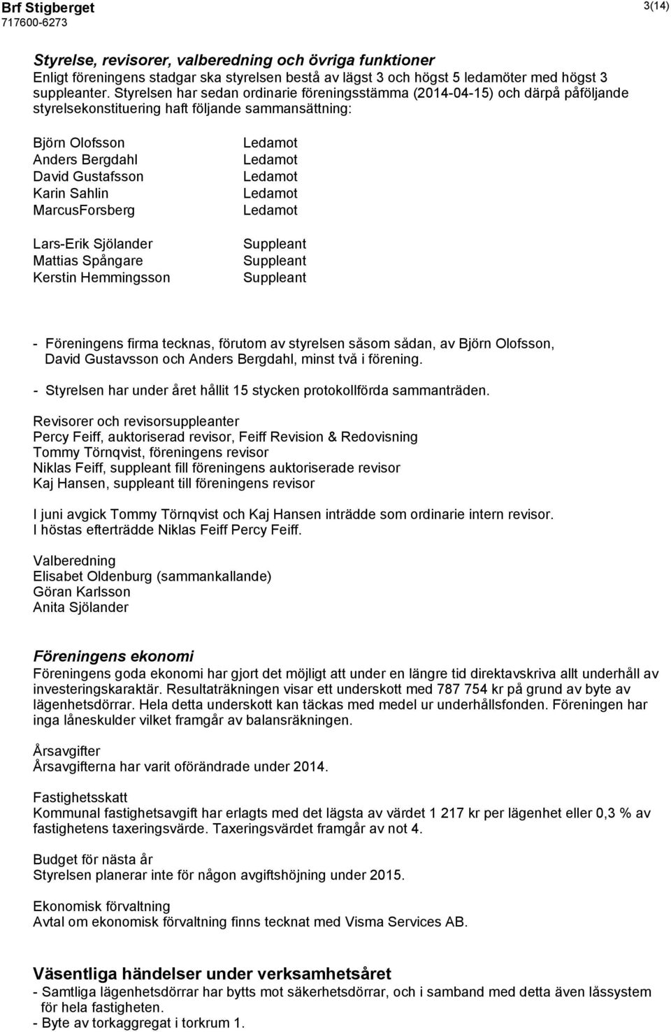MarcusForsberg Lars-Erik Sjölander Mattias Spångare Kerstin Hemmingsson Ledamot Ledamot Ledamot Ledamot Ledamot Suppleant Suppleant Suppleant - Föreningens firma tecknas, förutom av styrelsen såsom