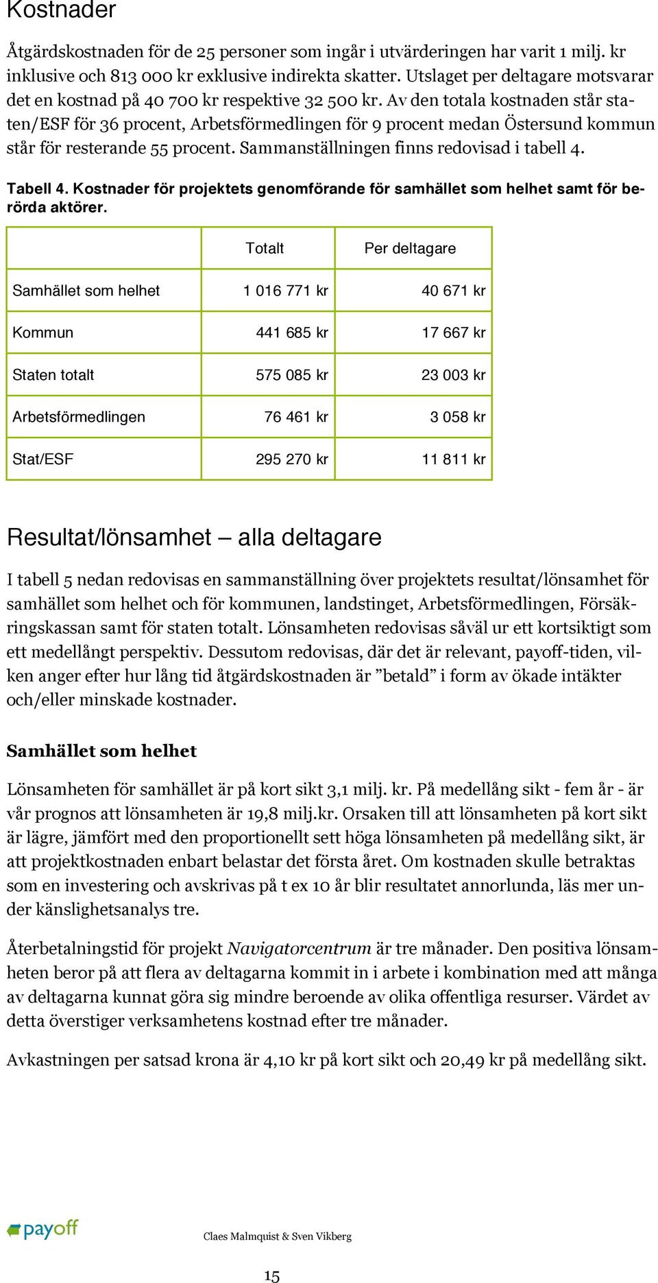 Av den totala kostnaden står staten/esf för 36 procent, Arbetsförmedlingen för 9 procent medan Östersund kommun står för resterande 55 procent. Sammanställningen finns redovisad i tabell 4. Tabell 4.