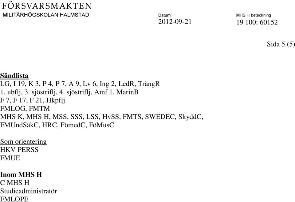 sjöstriflj, Amf 1, MarinB F 7, F 17, F 21, Hkpflj FMLOG, FMTM MHS K, MHS H, MSS,