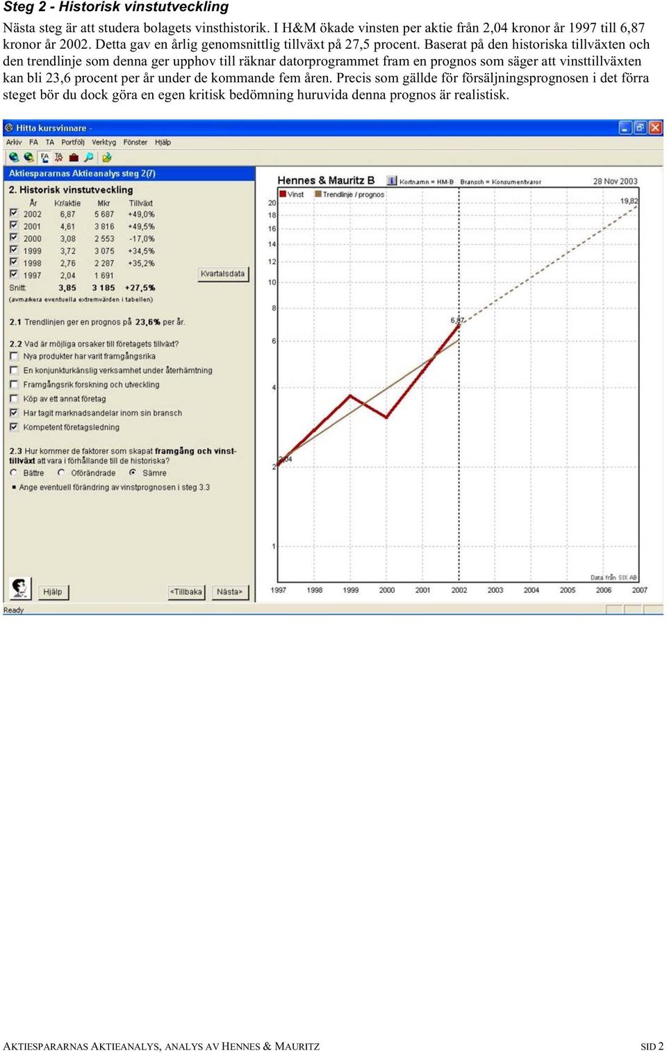 Baserat på den historiska tillväxten och den trendlinje som denna ger upphov till räknar datorprogrammet fram en prognos som säger att vinsttillväxten kan bli