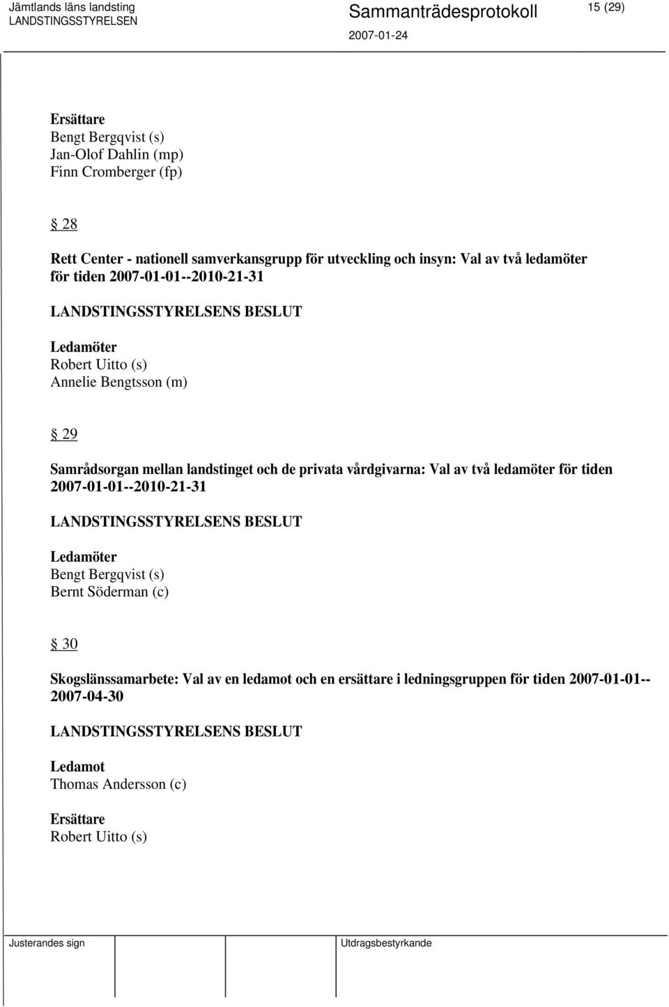och de privata vårdgivarna: Val av två ledamöter för tiden 2007-01-01--2010-21-31 Ledamöter Bengt Bergqvist (s) Bernt Söderman (c) 30