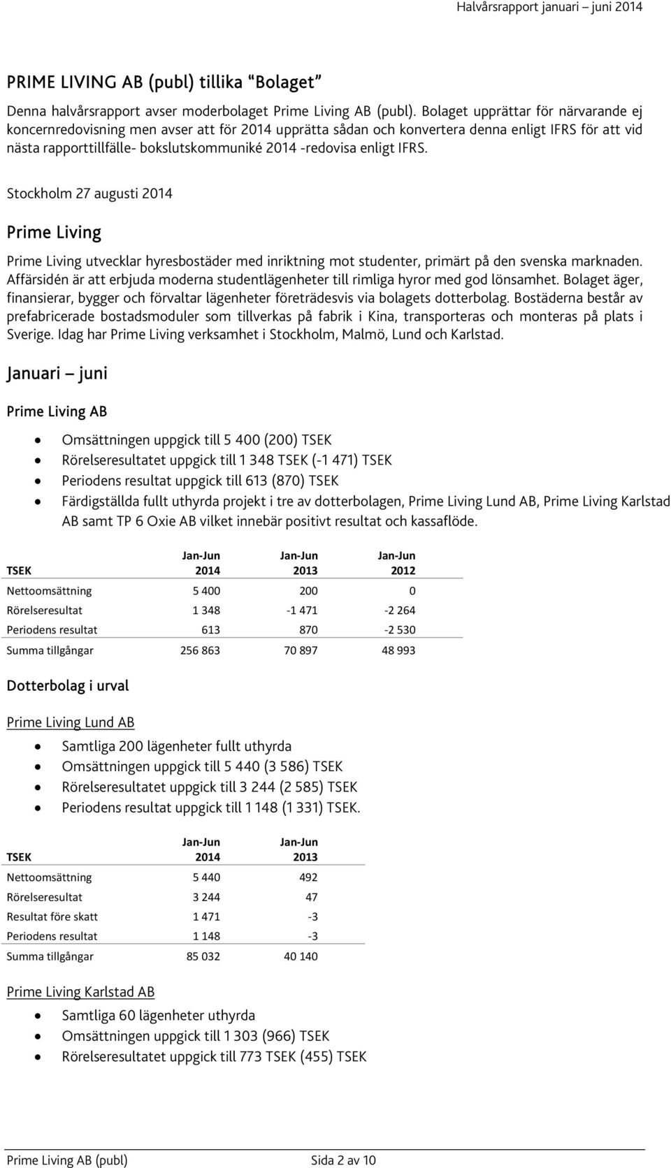 enligt IFRS. Stockholm 27 augusti 2014 Prime Living Prime Living utvecklar hyresbostäder med inriktning mot studenter, primärt på den svenska marknaden.
