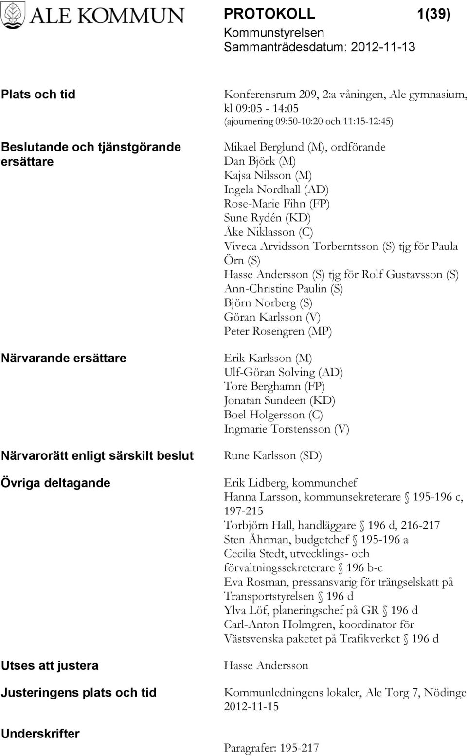 (AD) Rose-Marie Fihn (FP) Sune Rydén (KD) Åke Niklasson (C) Viveca Arvidsson Torberntsson (S) tjg för Paula Örn (S) Hasse Andersson (S) tjg för Rolf Gustavsson (S) Ann-Christine Paulin (S) Björn