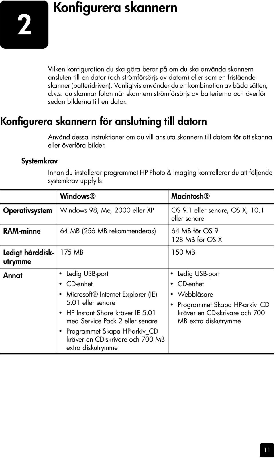 Konfigurera skannern för anslutning till datorn Systemkrav Använd dessa instruktioner om du vill ansluta skannern till datorn för att skanna eller överföra bilder.