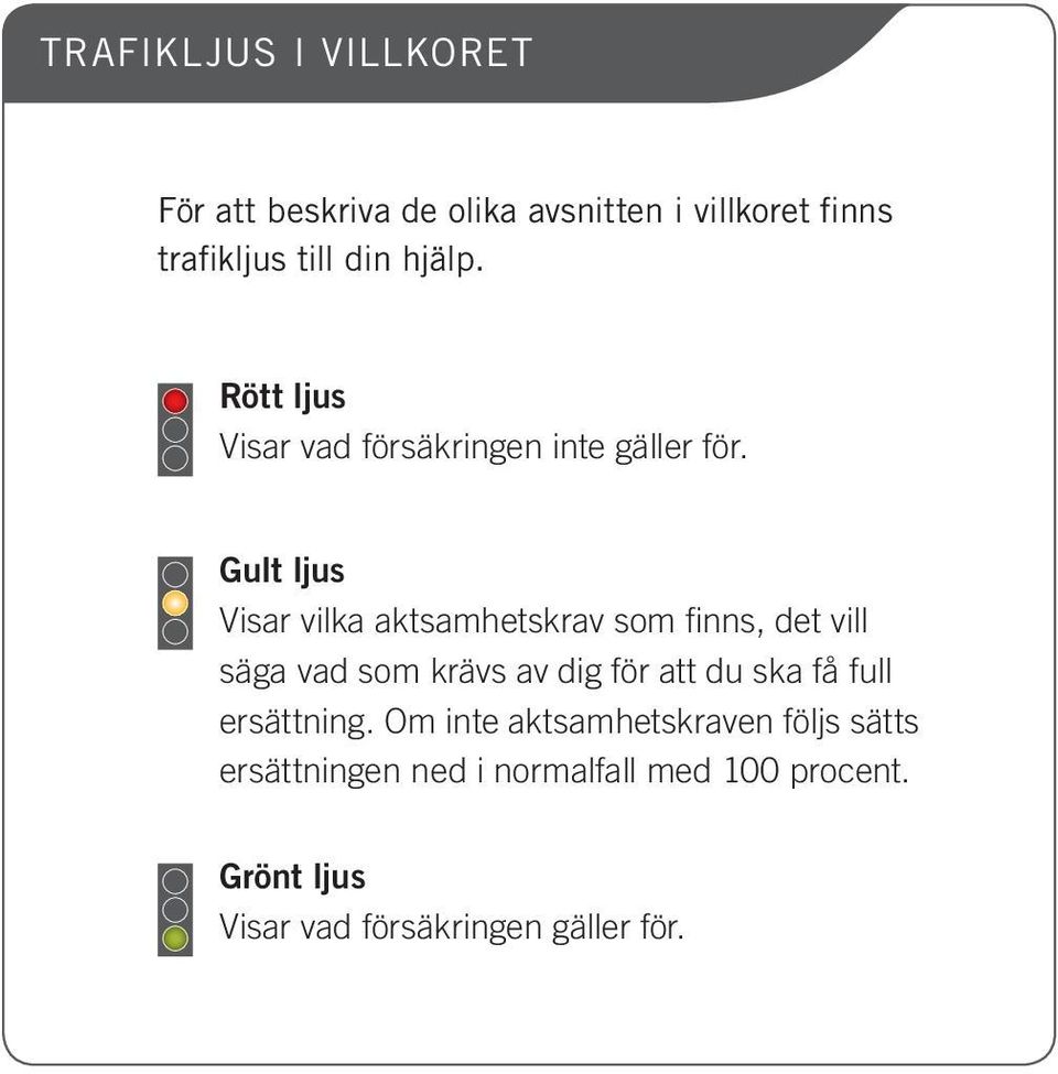 Gult ljus Visar vilka aktsamhetskrav som finns, det vill säga vad som krävs av dig för att du ska få