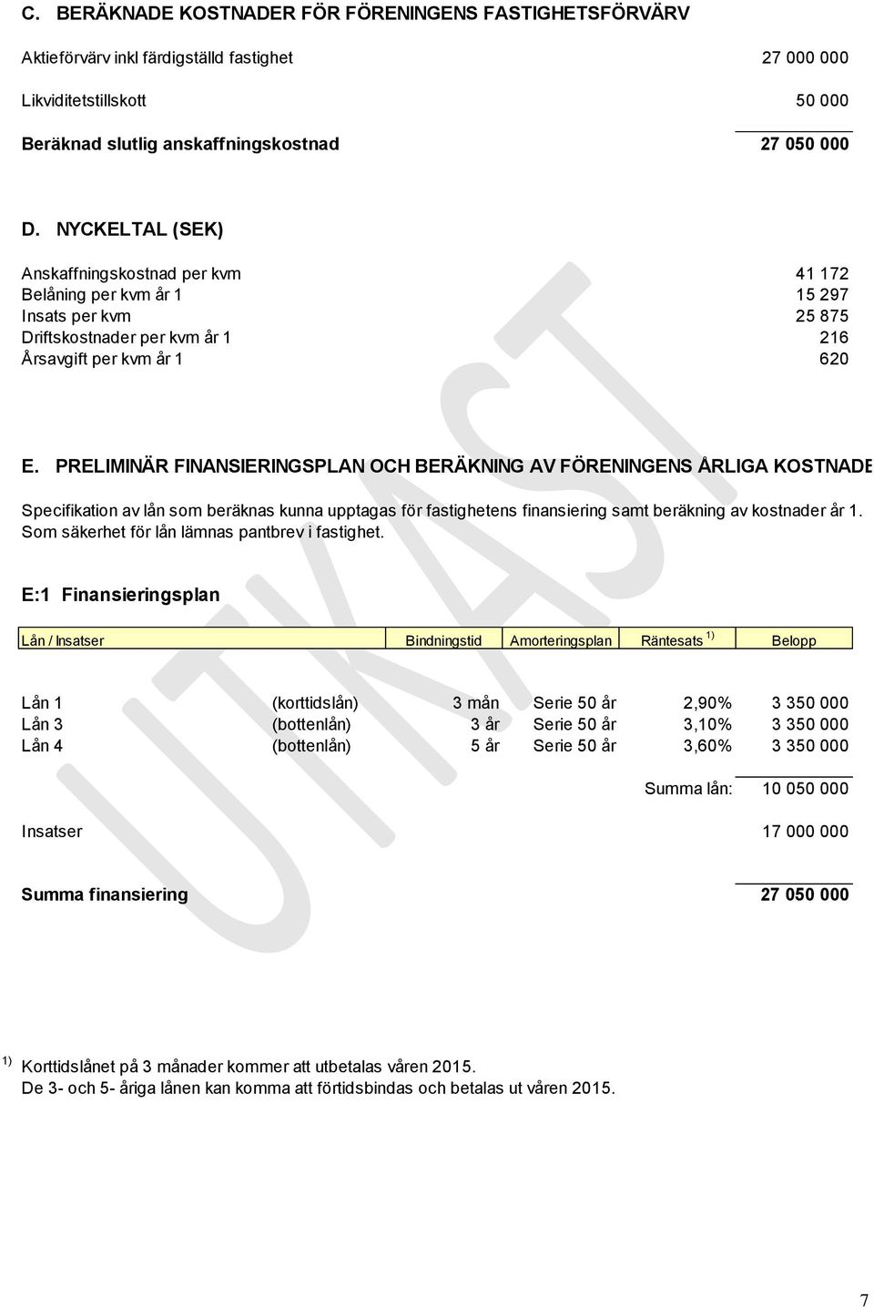 PRELIMINÄR FINANSIERINGSPLAN OCH BERÄKNING AV FÖRENINGENS ÅRLIGA KOSTNADER Specifikation av lån som beräknas kunna upptagas för fastighetens finansiering samt beräkning av kostnader år 1.