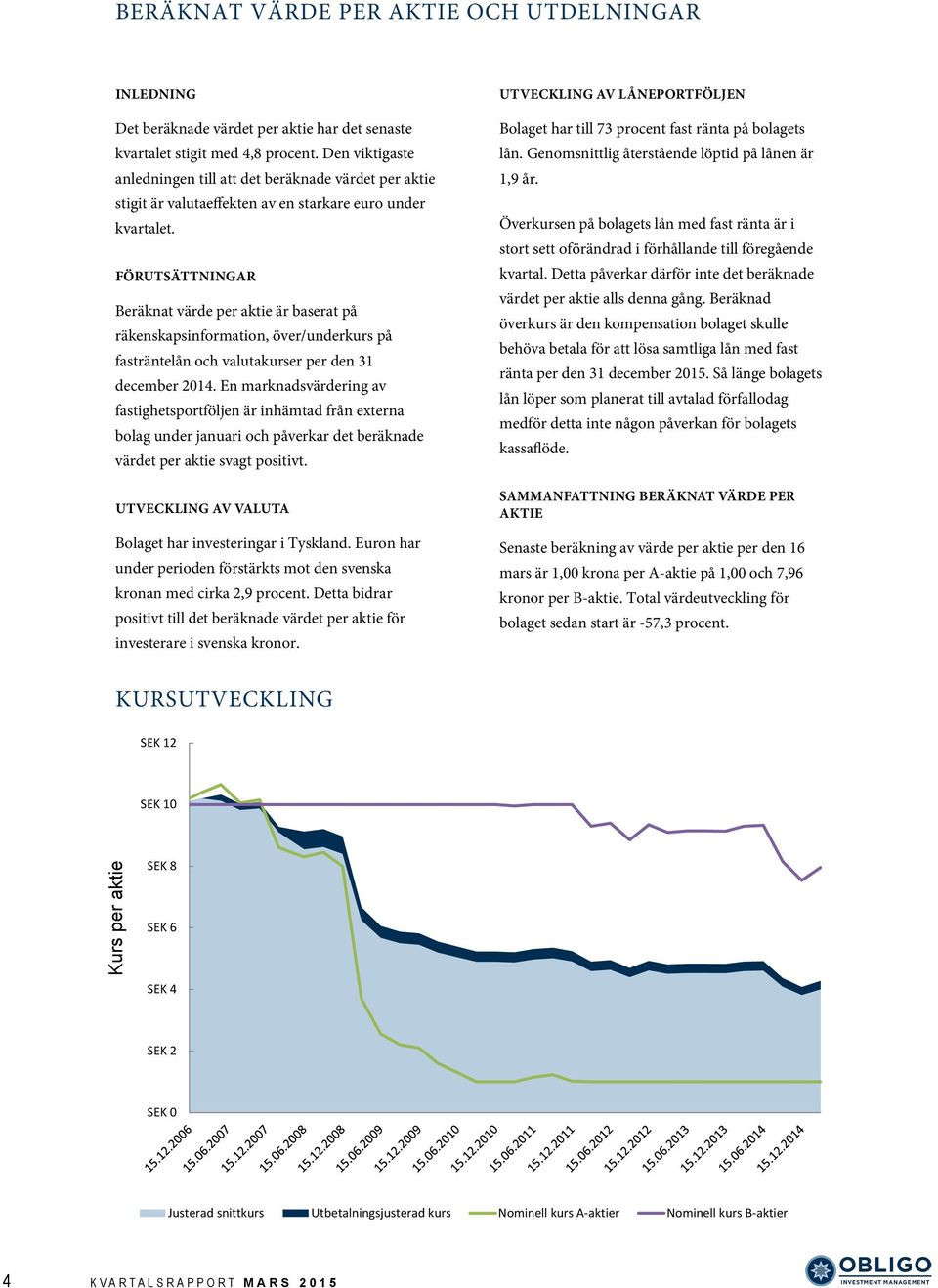 FÖRUTSÄTTNINGAR Beräknat värde per aktie är baserat på räkenskapsinformation, över/underkurs på fasträntelån och valutakurser per den 31 december 014.