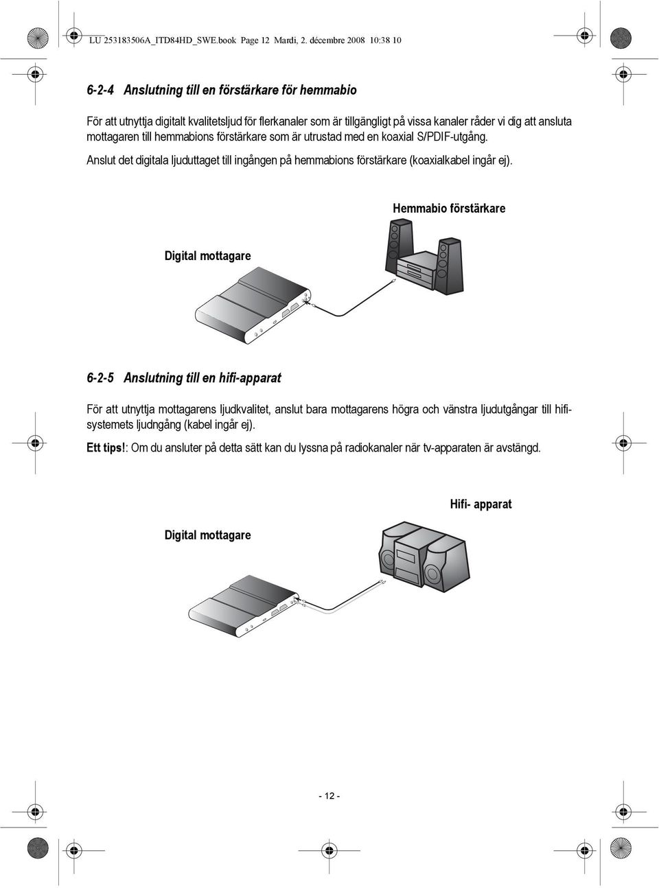 mottagaren till hemmabions förstärkare som är utrustad med en koaxial S/PDIF-utgång. Anslut det digitala ljuduttaget till ingången på hemmabions förstärkare (koaxialkabel ingår ej).